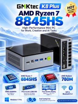 GMKtec K8 Plus Ryzen 7 8845HS Mini PC Windows 11 Pro DDR5 128GB 5600MT/s PCIe 4.0 4TB NVMe SSD WiFi 6 BT 5.2 Gaming Desktop Comp