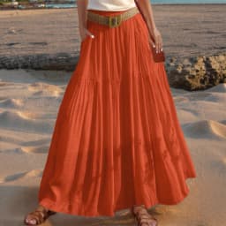 2026 Belted Hem A-line Solid Color Elastic Waist Skirt Women's Summer New Beach Vacation Commuting Camping All-match Long Skirt