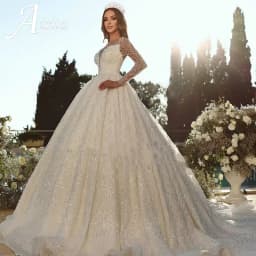 Luxury Wedding Dress A-Line With Bead Lace Sequins Ball Gown Full Sleeves O-Neck Bride Dress Vestido De Novia Customized