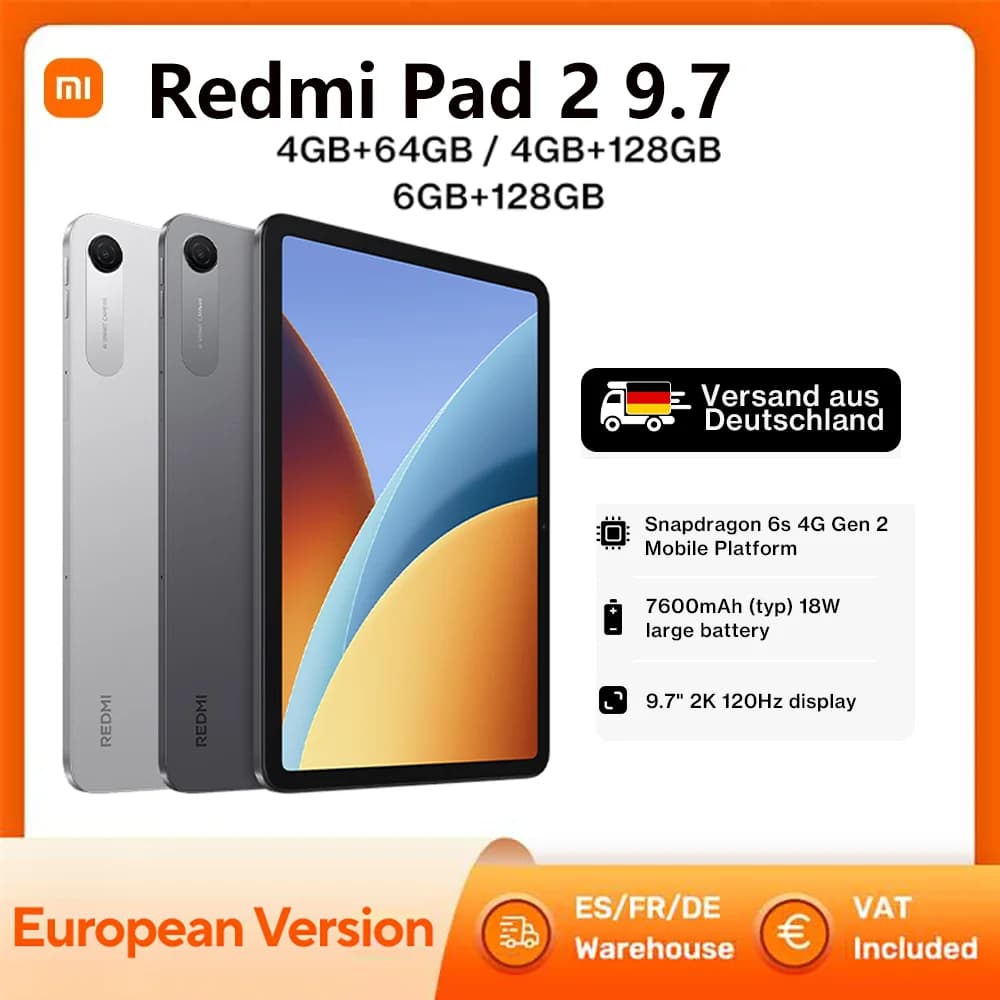 Xiaomi Redmi Pad 2 9.7" Global Version Tablet, Snapdragon 6s 4G Gen 2 Mobile Platform, 2K 120Hz Display, 7600mAh Large Battery, 8MP HD Camera, Portable Android Tablet for Study & Entertainment