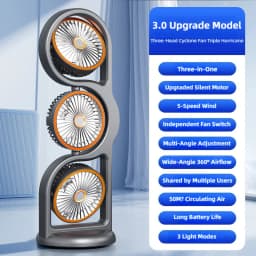 TINSOL 2026 New Portable USB Rechargeable Three-Head Fan – 360° Circulation, 5-Speed Wind, Dormitory and Outdoor Desktop Fan