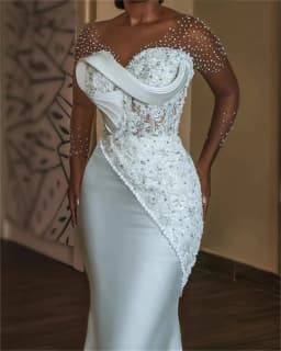 White Pearls Beaded African Satin Wedding Dresses Bride Mermaid Long Sleeves Corset Bridal Gowns for Formal Occasions Customized