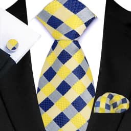 3Pcs Men's Yellow Color Stripes Plaid Solid Ties Pocket Square Cufflinks Wedding Prom Accessories 8cm Cravat Gift for Men