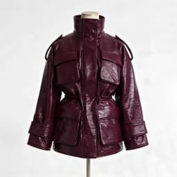 Women's Burgundy Faux Leather Jacket Zip Up High Neck Drawstring Waist Winter Warm Elegant Luxe Chic Outerwear