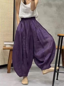 Retro Patchwork Hemp Lantern Pants Women's Summer plus Size Slimming Pumpkin Cotton Linen Multi-Panel Frayed Wide Leg Pants