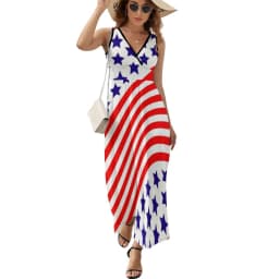 American Flag Dress Patriotic Flag Star Design Boho Beach Long Dresses V Neck Print Maxi Dress Korean Fashion Clothes Oversize