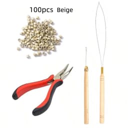Hair Tinsel Beads Kit with Plier Hook Needle Tool 100 Silicone Micro Beads Loop Needle Threader Pulling Hook Bead Device