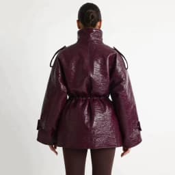 Women's Burgundy Faux Leather Jacket Zip Up High Neck Drawstring Waist Winter Warm Elegant Luxe Chic Outerwear
