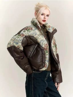 Winter Vintage Jacket Coat Women's Winter Waterproof Embroidered Jacquard Jacket Down Thick Warm Outerwear PU Leather Parka
