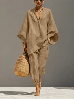 Women’s Summer Casual, Loose-Fitting, Solid-Colored, Deep V-Neck, Batwing Sleeves, Ankle-Cuffed, Nine-Inch Pants, Leisure Outfit