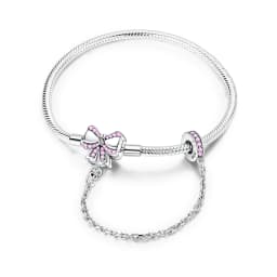2026 Valentine New 925 Silver Pink Bow Full Diamond Bracelet Original 17-20CM Fit DIY Charm Women Birthday Jewelry Gifts