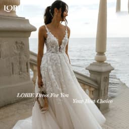 LORIE Spaghetti Straps 3D Flower Wedding Dresses Appliques Lace V Neck Beach Princess Bride Gown Customized vestidos de novia