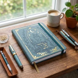 B6 Dot Grid Notebook, 160gsm Ivory Paper, 5mm Dotted Pages, Lay-Flat Hardcover with Gold Foil Cat Moon Design, Elastic Closure