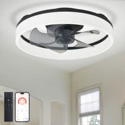 20" Modern Low Profile Flush Mount Fandelier - App & Remote Control, Dimmable Black Bladeless Ceiling Fan Light for Bedroom