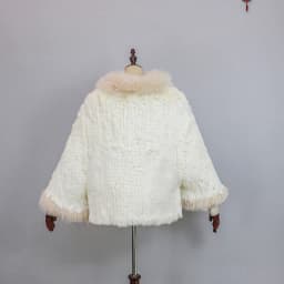 New Extra Long Real Genuine Natural Knitted Rabbit Fur Shawl Coat with Fox Fur Collar Women's Fashion Knit Jacket Cape