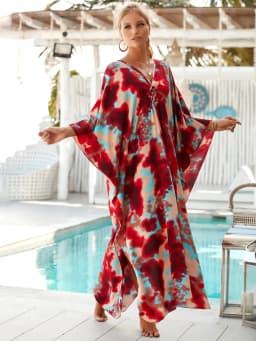 Plus Size Kaftan Dresses for Women Wave Neck Swimsuit Cover Up Caftan Dress Plus Size Oversized Long Beach Dress