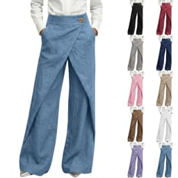 Womens Linen Wrap Wide Leg Pants High Waist Button Decor Asymmetrical Overlap Trousers Casual Loose Fit Office Lady Work Pants