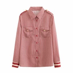 Zevity Women Vintage Red Houndstooth Print Patchwork Casual Smock Blouse Office Lady Pocket Patch Shirts Chic Blusas Tops LS9341