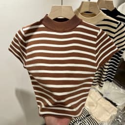 2026 Turtleneck Pullover Striped Sweater Slim Fit Top Shirt Women's Early Spring and Autumn Short Sleeve Bottoming Jumper