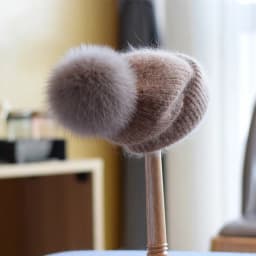 Winter Women's Real Fox Fur Pom-Pom Knitted Beanie Cap with Rabbit Fur Trim and Cashmere Touch