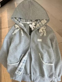 Korean Style Gray Lace Patchwork Hoodies Women Cute Bow Long Sleeve Sweatshirt Japan Sweet Loose Long Sleeve Female Outwear