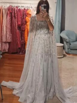 MisShow Customized Silver Gray Wedding Dress - Square Neckline with Crystal Beading, Sheer Cape Sleeves & Sparkling A Line Skirt