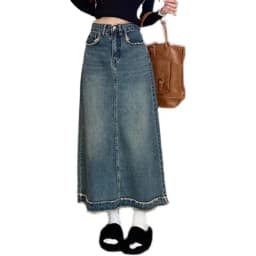 High Waist A-Line Midi Denim Skirt for Women Vintage Frayed Hem Pear Shape Body Type Spring Tall Size Half Body Long Skirt