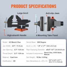 SucceBuy Bench Vise 4.5" 6" 6.5" Multipurpose, Swivel Base & Anvil Heavy Duty Cast Iron for Drilling, Conduit Cutting, Sanding