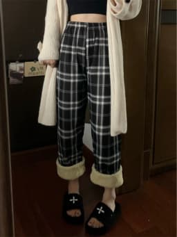 Lamb Velvet Fce Lined Thi Plaid Casual Pants Women's Autumn Winter Loose Straight Leg Wide Leg Cotton Spwear Trousers