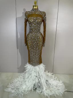 New Sexy Sparkling Red Crystals Feathers Long Sleeve Mermaid Maxi Dress Women Wedding Celebrate Luxury Birthday Party Prom Gown