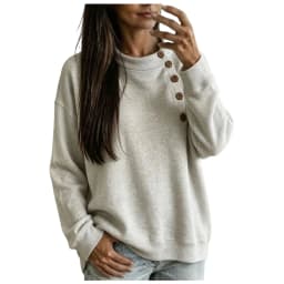 Crew Neck Sweatshirts Women Fleece Pullover Side Button Tops Fall Cute Shirt