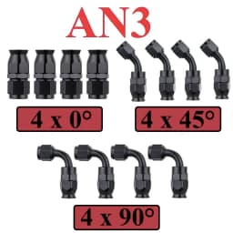 12Pcs Universal AN3 AN4 AN6 AN8 AN10 Straight 45 90 Degree Reusable Hose End Fittings Adapter For Swivel PTFE Oil Fuel Line Pipe