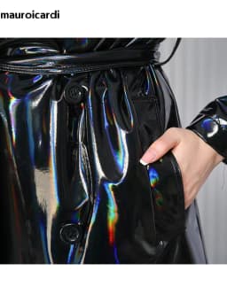 Mauroicardi Spring Soft Thin Flowy Shiny Reflective Holographic Black PVC Faux Leather Trench Coat for Women Maxi Y2K Streetwear