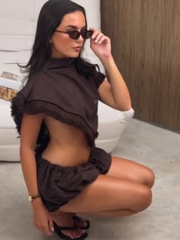 Women Solid Shorts Set Sleeveless Fringe Trim Triangle Wrap Crop Top Elastic Waist Bubble Mini Shorts Lady Vacation Beach Outfit