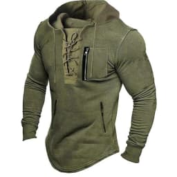 2026 Men Autumn Spring Top Lace Up Drawstring Solid Color Long Sleeve Zipper Pockets Pullover Streetwear Men Mid Length Hoodie