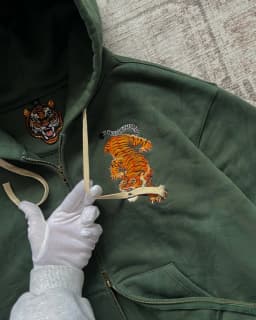 Mens Hip Hop Style Dark Green Tiger Pattern Embroidered Zip Up Hoodie Oversized Long Sleeve Ribbed Cuff Casual Hooded Daily Wear