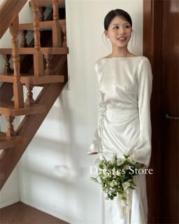 OLOEY Korea Sheath Wedding Dresses 웨딩드레스 Silk Satin Ivory Boat Neck Long Sleeves Customized Pretty Bride Gowns Plus Size