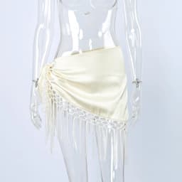 Linad Street Chic Beige Satin Tassels Mini Skirts Woman 2026 Summer Elegant High Waist Irregular Skirts Casual Loose Skirt Women