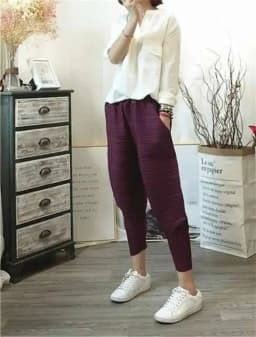 LANMREM Harem Pants For Women Elastic Waist Solid Color Pockets Pleated Trousers Female Casual Style 2023 Autumn New 2P2228
