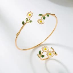 Retro Red Rose Flower Bracelet Ring Set For Women Vintage Drip Oil Open Adjustable Cuff Bangle Finger Ring Party Wedding Jewelry