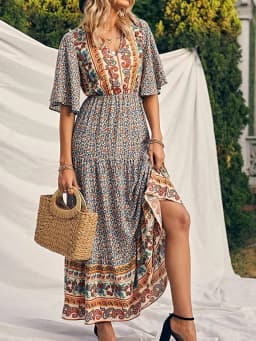 Elegant Casual Long Dress Boho Print Design Short Sleeve V Neck Summer Dress For Women 2024 Fashion