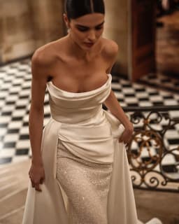 Customized Simple Strapless Mermaid WeddingDress Shiny Sequin Beading Satin Detachable Train Pleat Bridal Gown Vestido De Novia