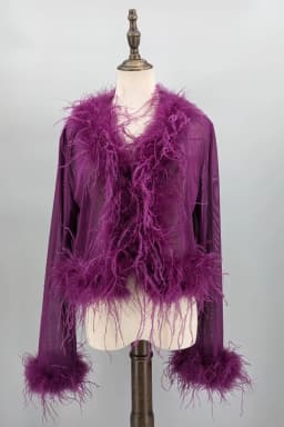 Women See-Through Top with Real Ostrich Feather Brown Black Cropped Jacket Top Bolero 240711