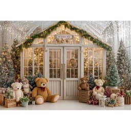 White House With Christmas Tree and Little Bear Photography Backdrop Kids Baby Cake Smash Photocall Studio Backgrounds
