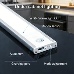 Motion Sensor Cabinet Light USB Rechargeable LED Under Cabinet Light 3 Colors Dimmable Magnetic Night Light