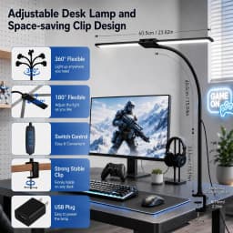 Double Head Scissor Arm LED Desk Lamp with Clamp Dimmable 3 Color Modes 10 Brightness Eye-Caring Architect Light, USB Adjustable Monitor Lamp for Office Study Gaming Reading Workbench