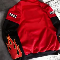 Mens and Womens Red Black Racing Style Baseball Jacket with Flame Pattern Number 95 Single Breasted American Style Outdoor Wear