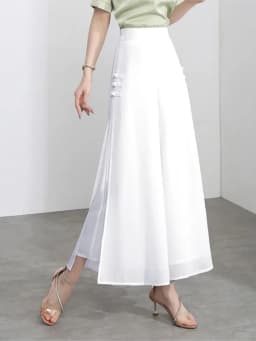 Women Side Slit Chiffon Pants Summer Thin Elastic Waist Wide Leg Pants Chic Droop Trousers Chinese Style Nine Point Pants