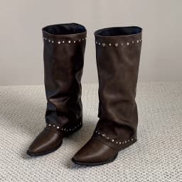 Pointed Toe Rivet Wide Calf Long Boots Women Ruched Slip On Block Heel Vintage Western Knee High Boots Ladies Fashion Footwear