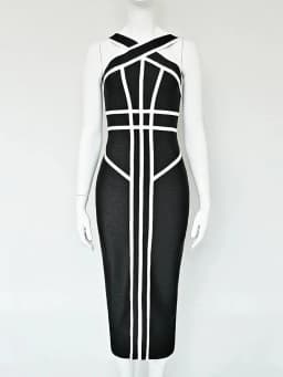 BEAUKEY Classic White And Black Stripes Bandage Long Evening Dress Luxury Contrast Vintage Woman Bodycon Elastic Dress Slim Midi